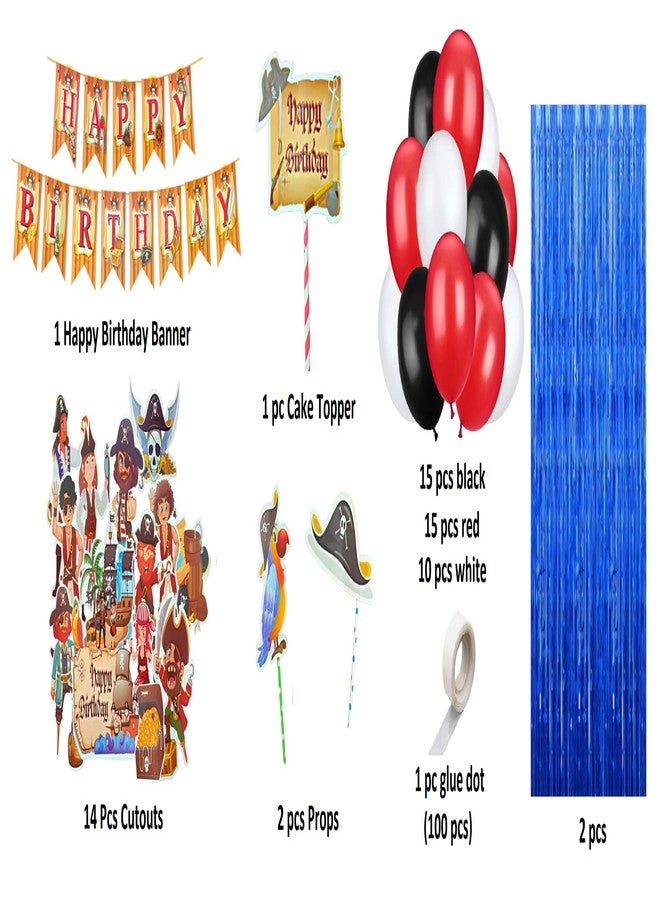FI - FLICK IN Pirates Latex & Paper 61 pcs Pirate Theme Birthday Decoration Set Banner Props Cake Topper Cutouts Blue Foil Curtain Pirates Theme Decoration for Birthday (Pack of 61, Multicolor) - Image 2